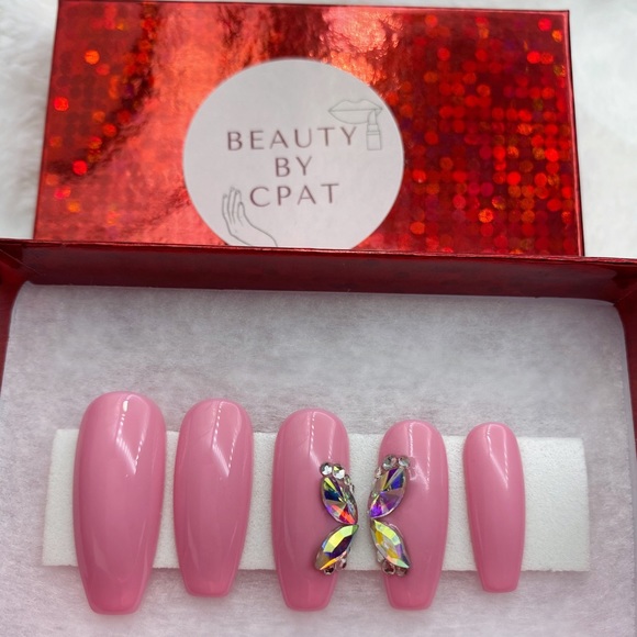 Pink Butterfly Gem Rhinestone RTS Press-On Nails - Picture 1 of 4